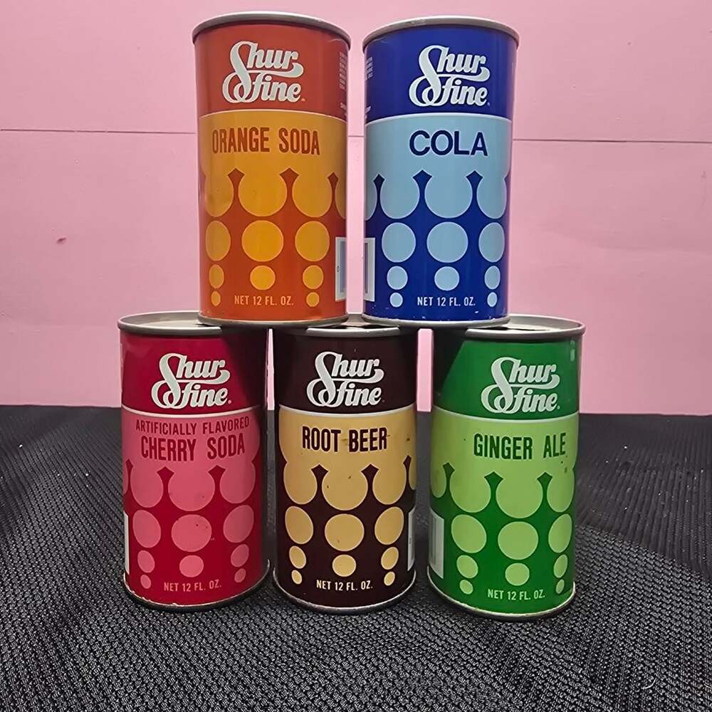 Vintage Shur Fine Soda Cans Set of 5 12 oz Retro Drink Collection